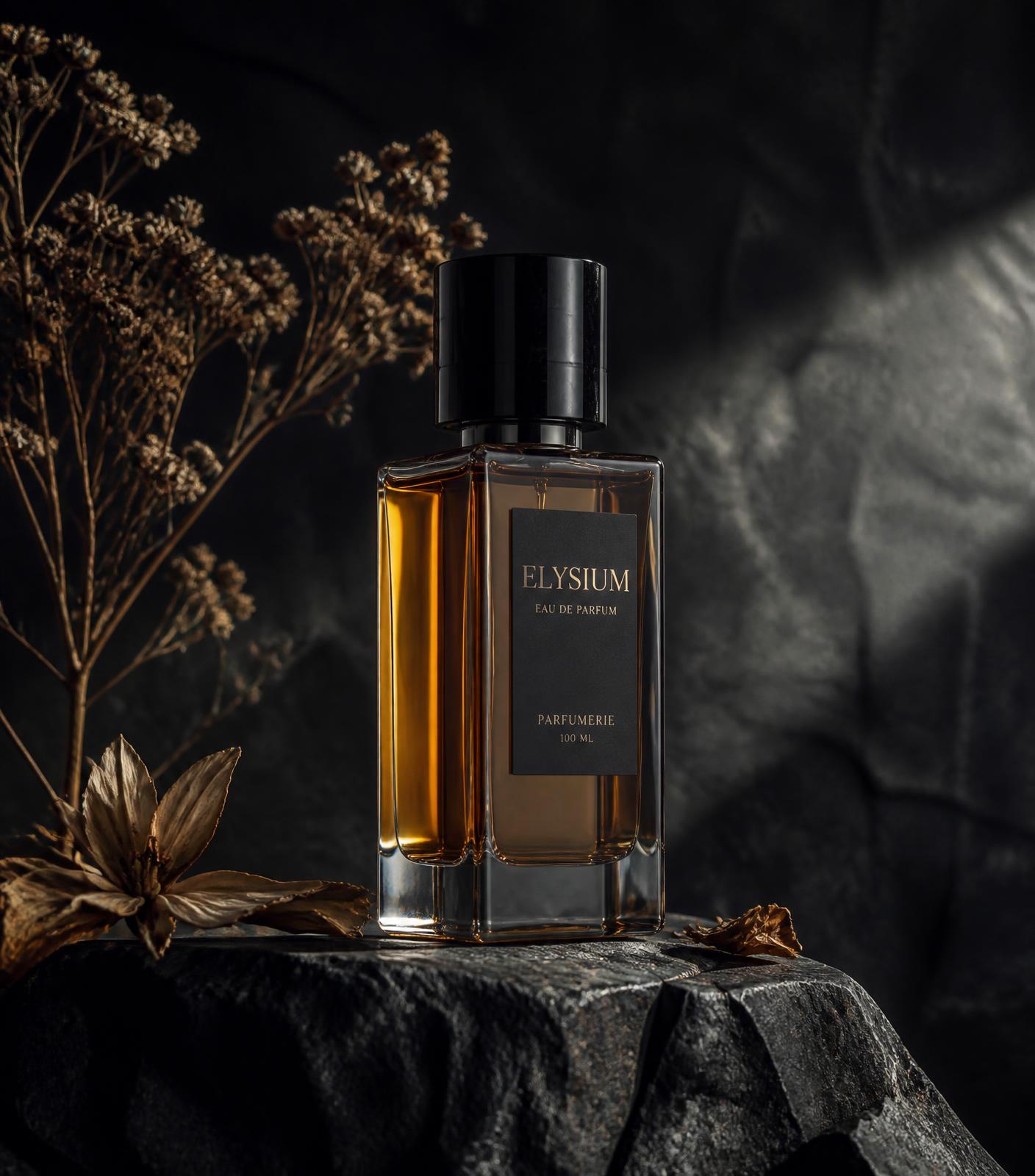 Amber perfume bottle on dark stone with dried florals