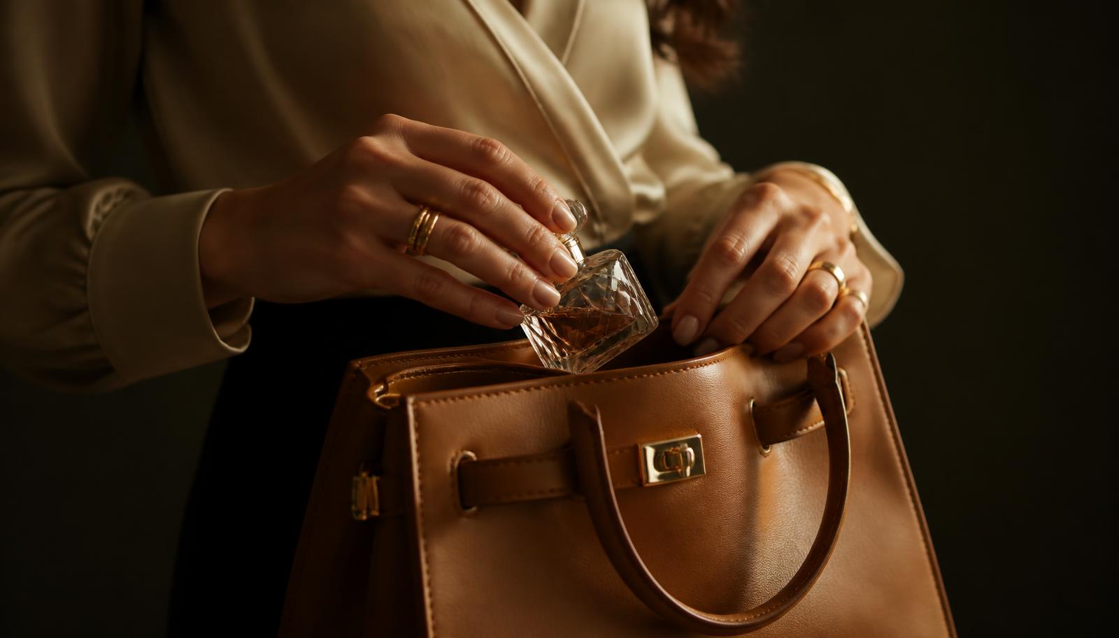 Perfume bottle being placed into a leather handbag